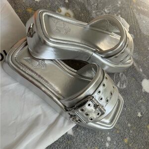 Naked Wolfe Shiny Silver Buckle Sandals